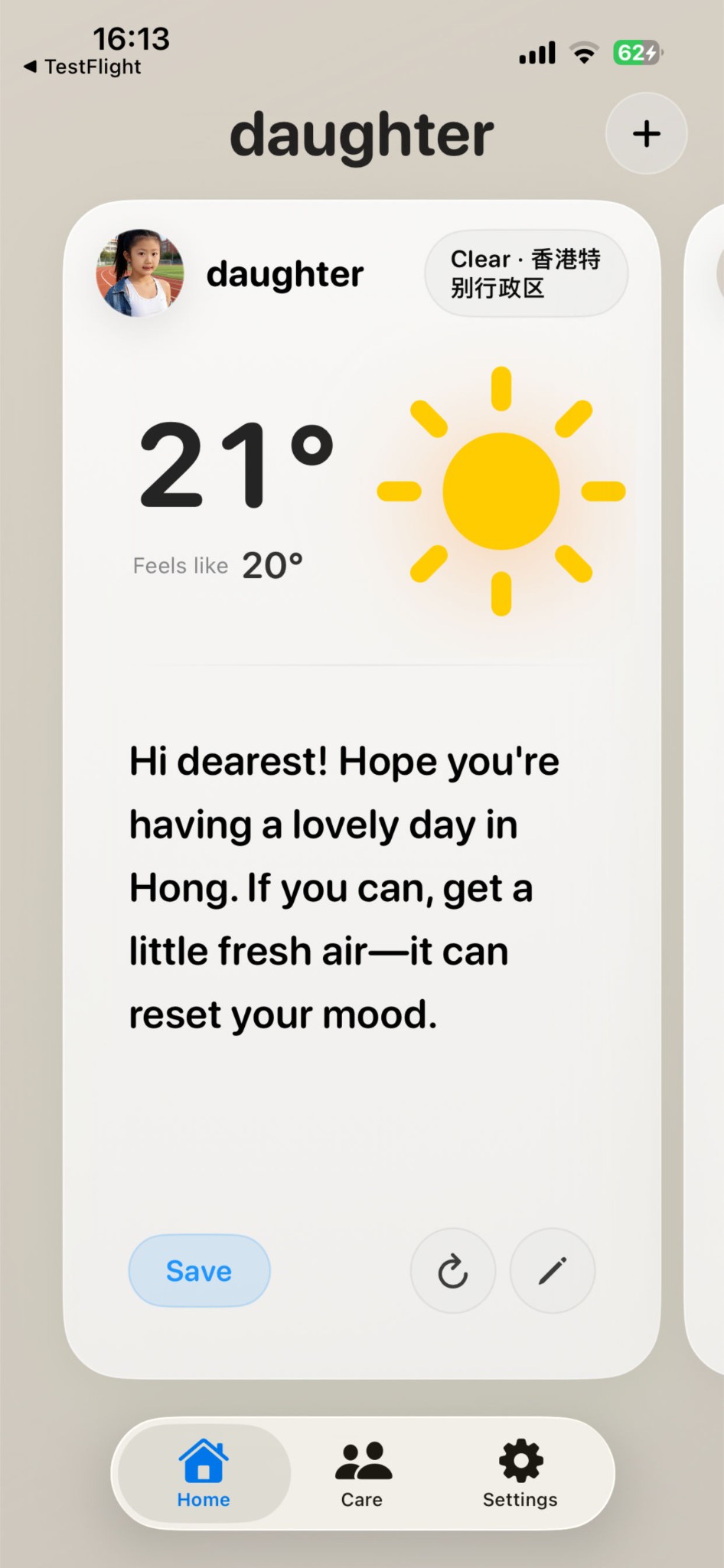 WeatherCare Home - AI-generated warm weather care messages